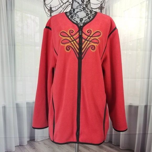 - Bob Mackie 1X Fleece Embroidery Red Jacket Vintage - Picture 7 of 9